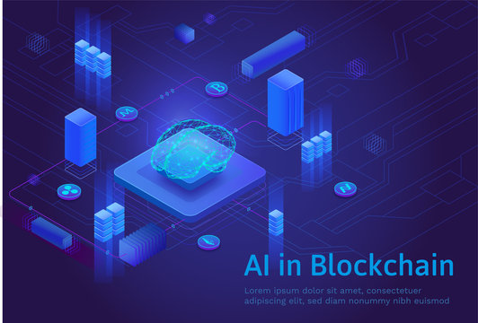 Artificial intelligence in blockchain, isometric 3d landing page with server and digital money icons, future technolodgy and virtual cryptocurrency payment concept, vector illustration
