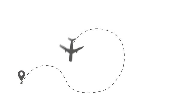 Airplane line path footage video of air plane flight route with start point and dash line trace on white background
