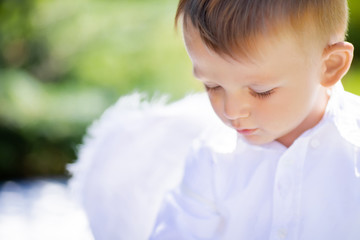 Adorable toddler boy in angel costume, angelic child.