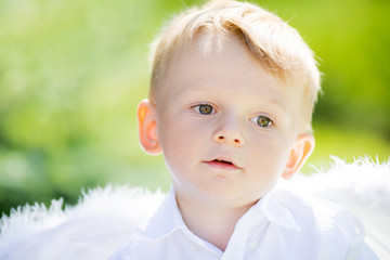 Adorable toddler boy in angel costume, angelic child.