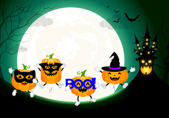 Set of cute cartoon pumpkin character design. Happy Halloween day concept with mask of black cat, bat, boo! and witch. Illustration full moon night background.