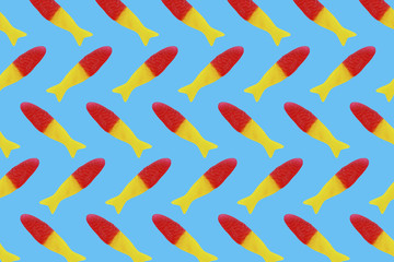 Minimalistic abstract card with jelly fish of red and yellow color. Pattern