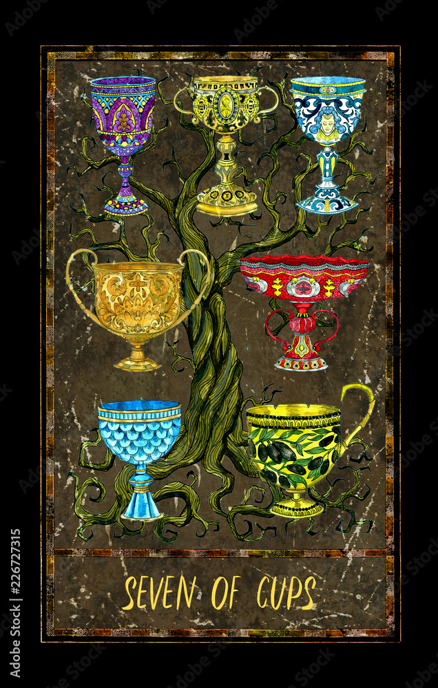 Canvas Prints Seven of cups. Minor Arcana tarot card. The Magic Gate deck. Fantasy graphic illustration with occult magic symbols, gothic and esoteric concept