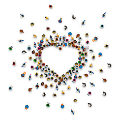 Crowd of people in the form of a heart symbol on a white background . Vector illustration