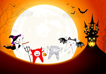 Funny cute cartoon tooth character. witch, devil, mummy and bat in moon night. Happy Halloween concept. Design for banner, poster, greeting card. Illustration.