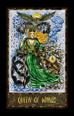 Queen of wands. Minor Arcana tarot card. The Magic Gate deck. Fantasy graphic illustration with occult magic symbols, gothic and esoteric concept
