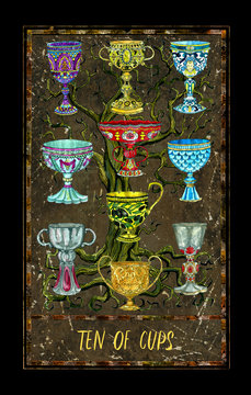 Ten of cups. Minor Arcana tarot card. The Magic Gate deck. Fantasy graphic illustration with occult magic symbols, gothic and esoteric concept
