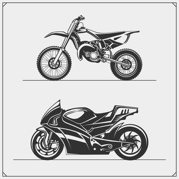 Set of motorcycles. Motocross and motoracing. Emblems of bikers club. Monochrome design.