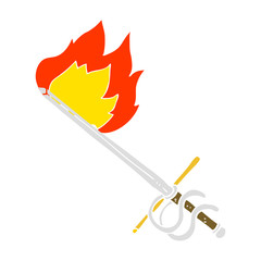 flat color illustration of a cartoon flaming sword