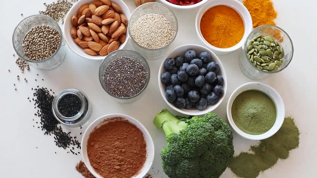 Various superfoods. healthy food concept. Top view with copy space
