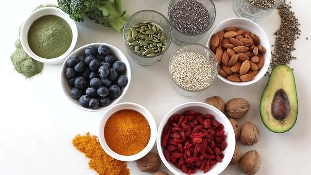 Various superfoods. healthy food concept. Top view with copy space
