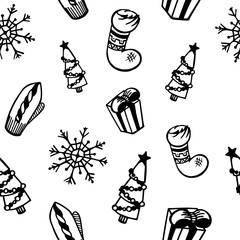 New year and christmas seamless pattern. Snowflakes, gifts, spruce, mitten, sock. Winter vector illustration. Festive, holiday background.
