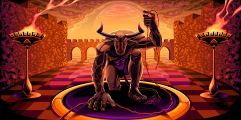 Poster Minotaurus in het labyrint met een gloeidraad in zijn hand © ddraw