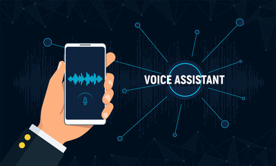 Personal assistant and voice recognition concept. Hand holds phone with voice intelligent technology. Futuristic background with soundwave and polygons connection structure. Vector illustration.