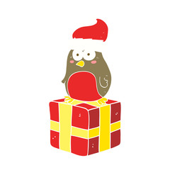 flat color illustration of a cartoon robin on present