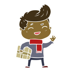 flat color style cartoon man laughing carrying parcel