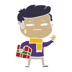 flat color style cartoon anxious man with christmas gift