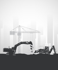 Vector excavator, construction boom cranes and backhoe tractor on the background of buildings.