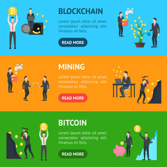 Fototapeta premium Cartoon Blockchain Concept Banner Horizontal Set. Vector