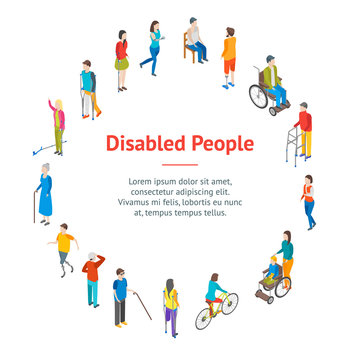 Isometric Disabled People Characters Banner Card Circle. Vector