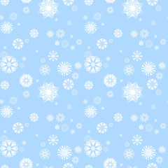 Merry Christmas and Happy New Year seamless pattern with different shapes snowflakes on blue light background. Abstract winter backdrop. Vector illustration