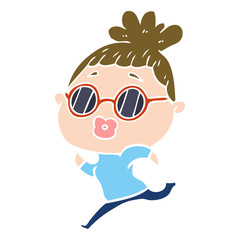 flat color style cartoon woman running wearing sunglasses