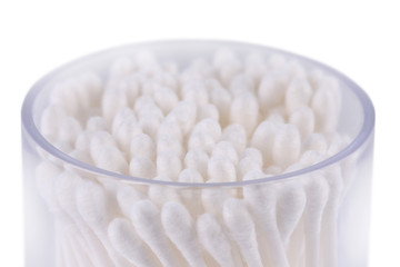 Cotton buds on a light background. Selective focus