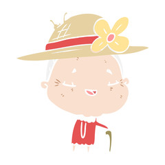 flat color style cartoon old woman with walking stick