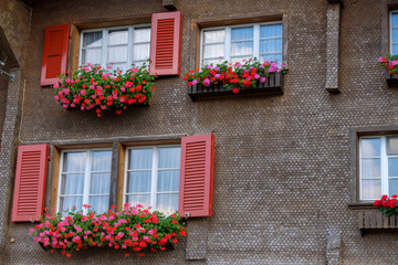 Fototapeta na wymiar Typical Switzerland wooden house windows decorated by flower