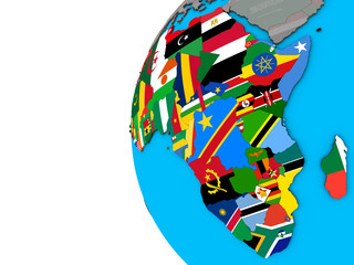 Africa with national flags on blue political 3D globe.