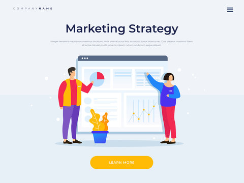 Landing page template. Presentation of project. Teamwork. Cartoon man and woman are standing in front of browser window with diagrams and growth charts. Vector flat illustration.
