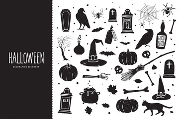 Naklejka premium Happy Halloween. Cartoon set of black holiday elements: raven, bones, pumpkin, tombstone, spider, cauldron with potion, cat. Halloween silhouettes. Vector illustration.