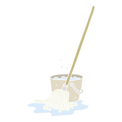 flat color illustration of a cartoon mop and bucket