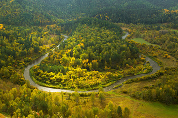 Autumn landscape with a view of the river Yesaulivka. Top view. Krasnoyarsk region, Russia