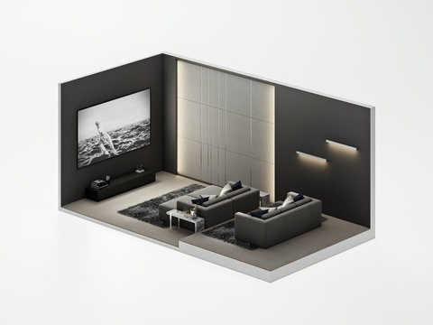 Isometric home Theater room modern Luxury interior , 3D render