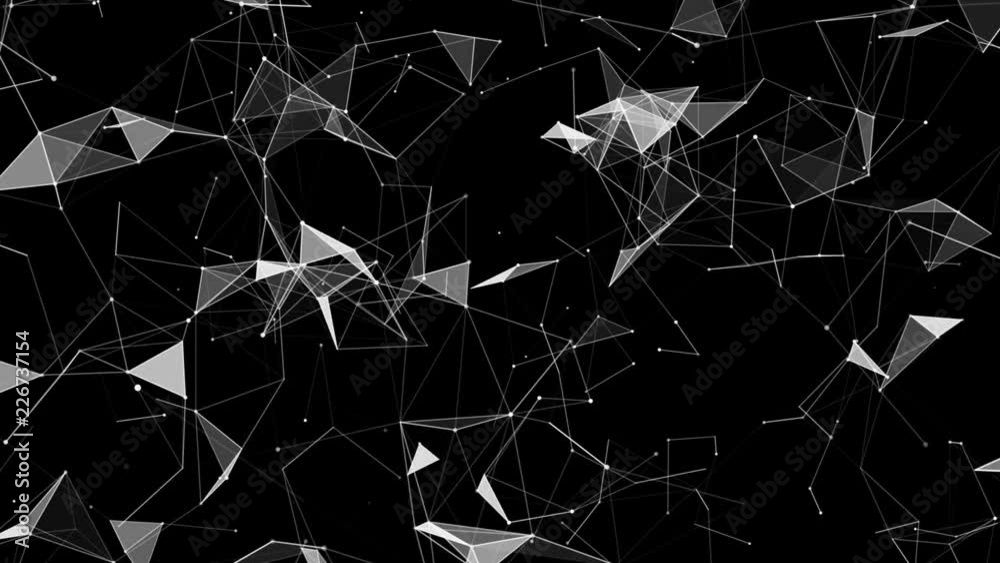 Poster flickering dots, triangles and connecting lines dance in space.technology network loop background.