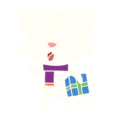 laughing flat color style cartoon dog with christmas present