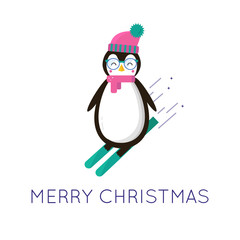 Merry Christmas greeting card, cute animals:  penguin with hat,  scarf, eyeglasses and skiing