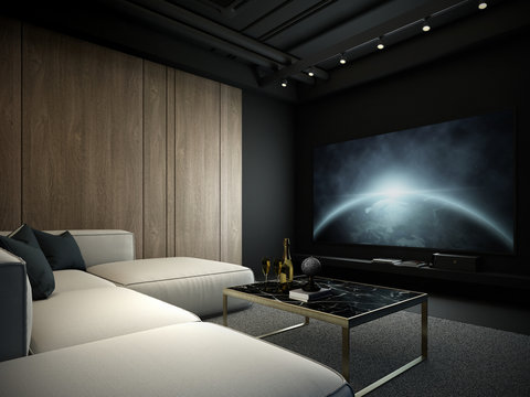 Modern interior, Home theater room 3D render