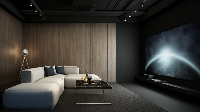 Home theater room, modern interior, 3D render