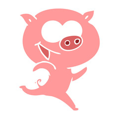 Obraz na płótnie Canvas cheerful running pig flat color style cartoon