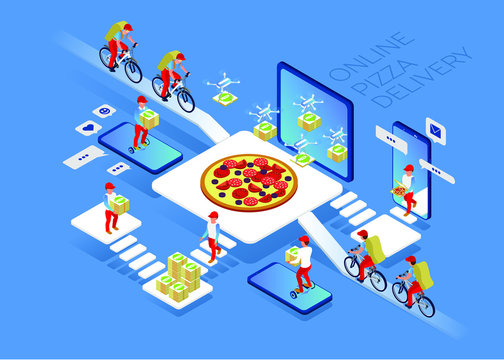Couriers delivered hot pizza. A man on a bicycle, a boy on a gyro board. Drones delivering. Isometric 3d