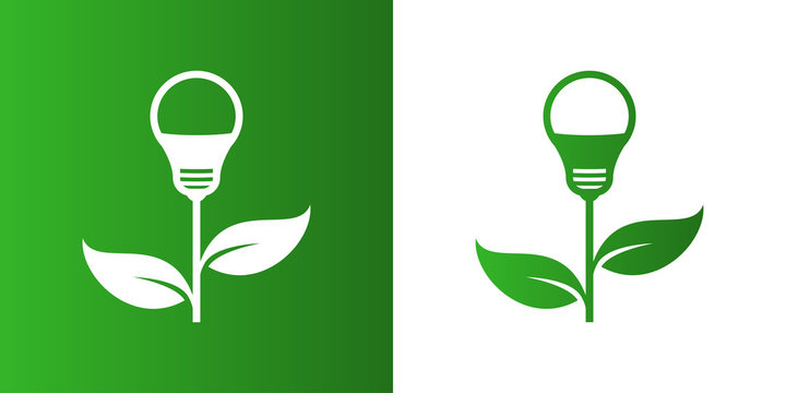 Logotipo bombilla led como planta en verde y blanco