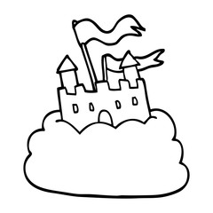 line drawing cartoon castle on cloud
