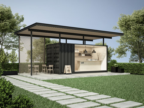 Exterior container cafe in garden 3D render
