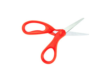 Scissors with plastic red handles isolated on white background , objects copy space