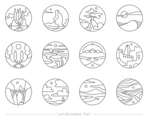 Collection of flat outline icons with nature landscapes. Vector logo set.