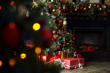 Fototapeta na wymiar Red Christmas decorations, Christmas tree, gifts, new year