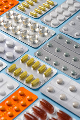 Pills in blisters variety closeup