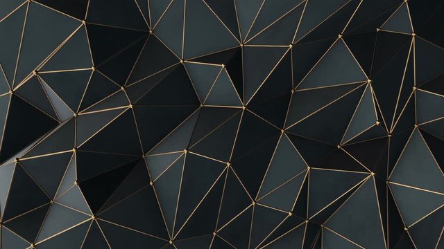 Abstract background with polygonal surface from concrete or plastic and metallic lines and spheres as net. Animation of seamless loop. 